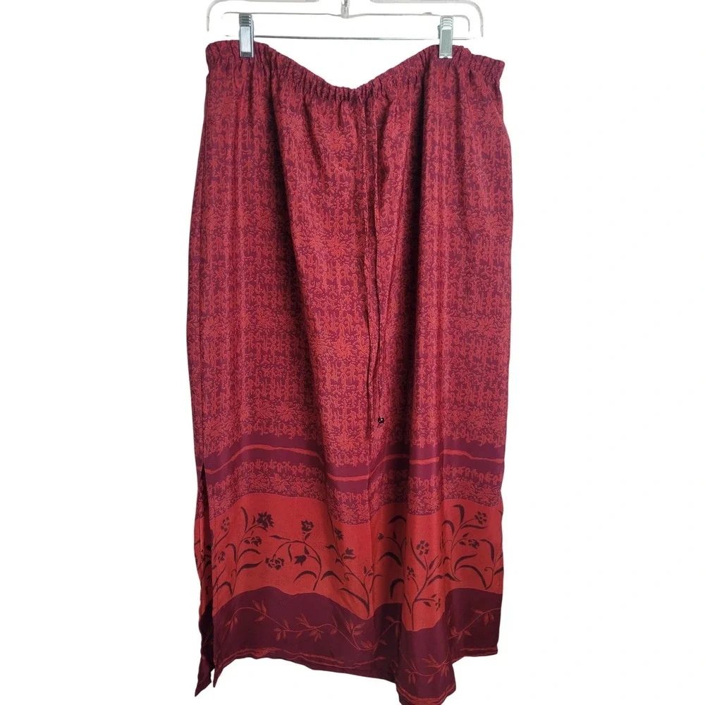 Coldwater Creek Maxi Skirt 2X Red Floral Border Print Elastic‎ Waist Side Slit